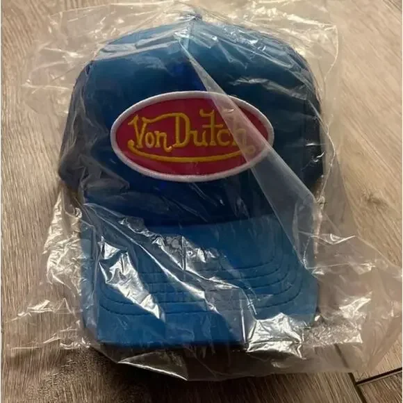Von Dutch Blue Velvet Pink Yellow Logo Trucker Hat NWT - Picture 6 of 6